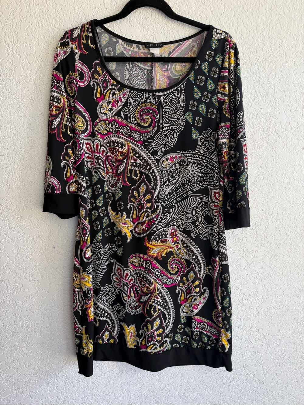 VENUS Black Paisley Scoop Neck Tunic with Pink and Yellow Accents